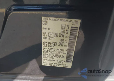 2017 Nissan Murano Sv z USA, uszkodzony, nr VIN 5N1AZ2MG8HN155368